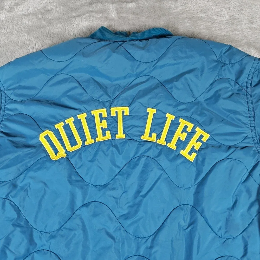 The Quiet Life Jacket Mens Medium Blue Quilted Rose Embroidery Full Zip Skater